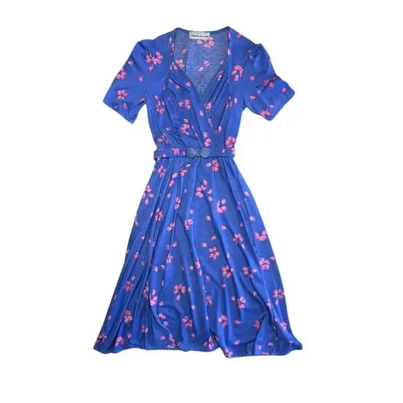 Christine Von Lumbe Vtg 80s Belted Floral Purple Pink Shell Buckle Dress Small - Picture 5 of 10